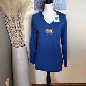 Life is Good NWT Christmas Snowshoe Dog Hooded Long Sleeve Tee Shirt Blue M